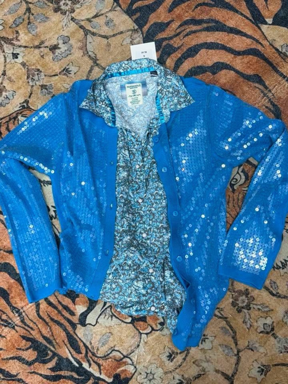 Bright Blue Sequin Button-Down Cardigan with Floral Blouse